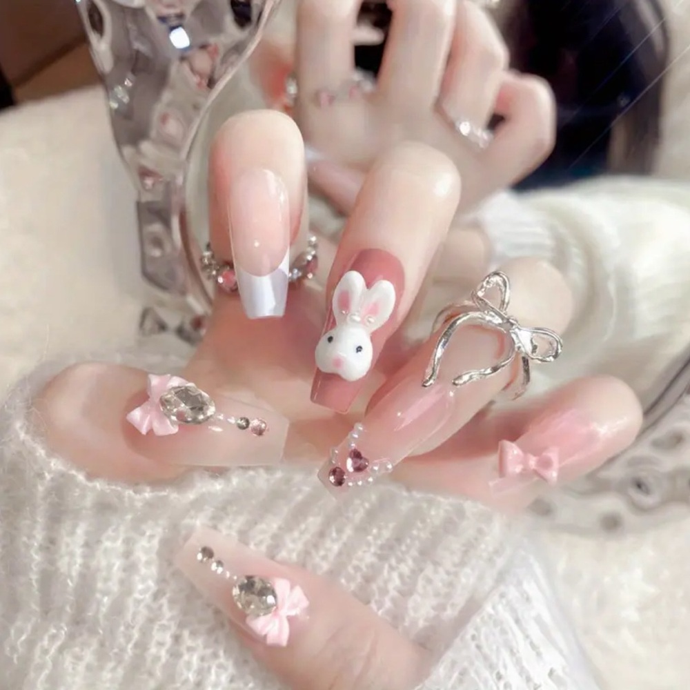 Pink & White Press On Nail Art Set 3D Bunny Rhinestones Reusable 10 pc NWT Med
